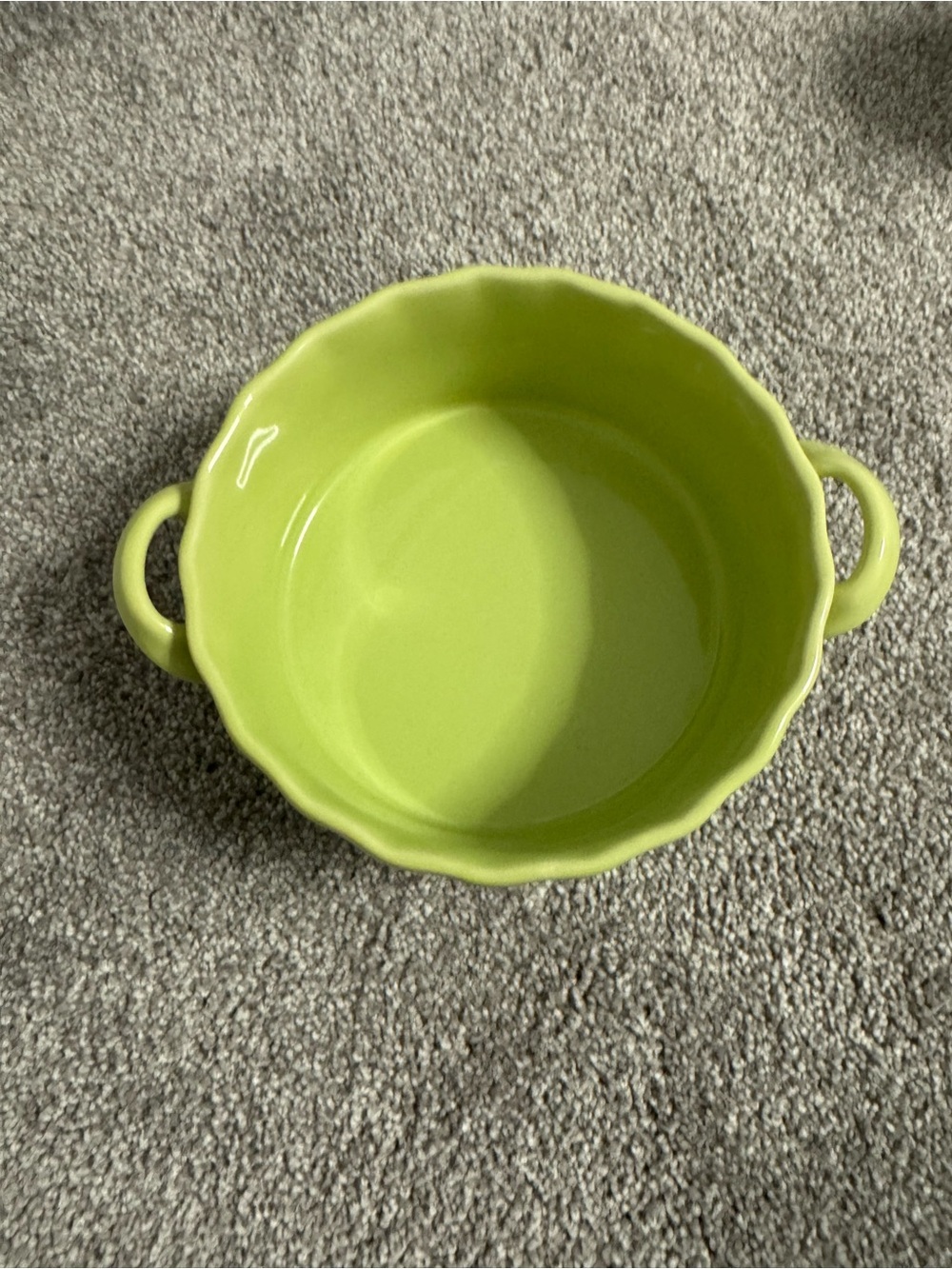 BIA Ceramic Soufflé Dish Chartreuse Green color 7” wide. Wavy trim with handles